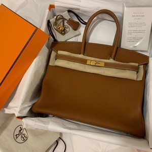 Hermes Birkin 35 Verso Togo Gold/Geranium GHW